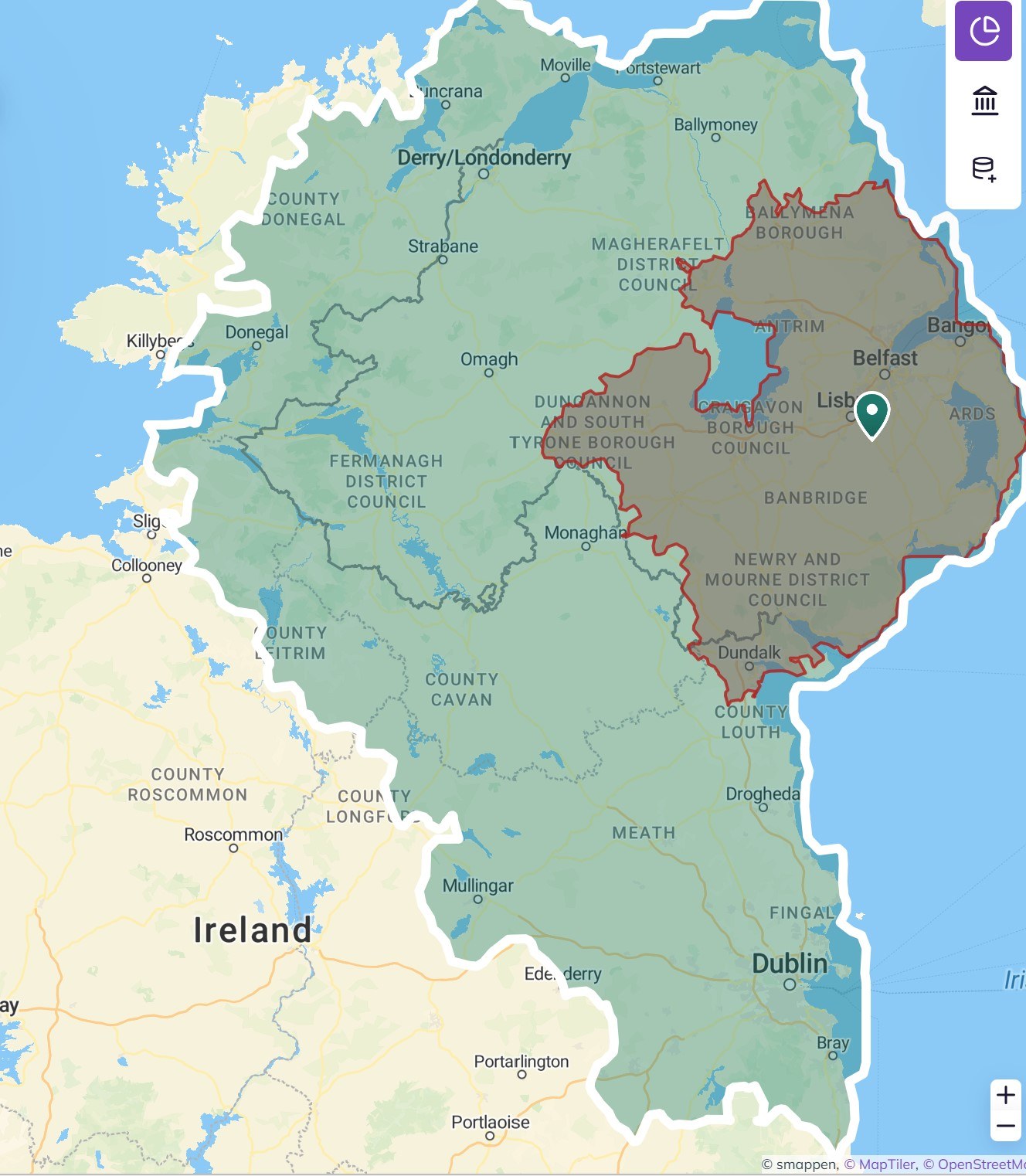 map showing 2. 5 hrs drive to Larchfield Estate from Various locations across Ireland